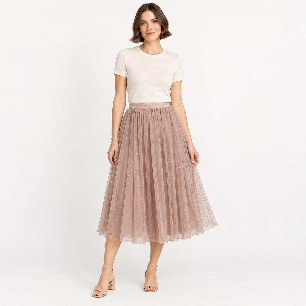Garnet Hill Blush Pink Swiss Dot Tulle Midi Skirt XS Layered Romantic A-Line